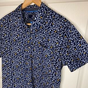 MBX Premium Goods Navy Blue Leaf Print Floral Casual Button Down Shirt Men’s M
